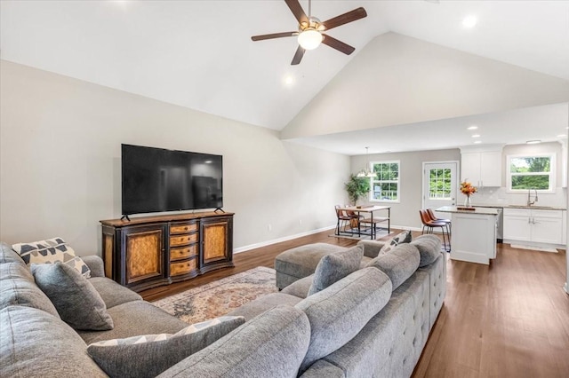 147 Ray Jent Rd, Bethpage, TN 37022 - living room featuring high vaulted ceiling, ceiling fan, wood finished floors, recessed lighting, and baseboards
