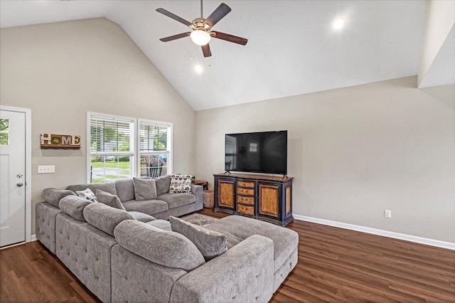 147 Ray Jent Rd, Bethpage, TN 37022 - living room featuring high vaulted ceiling, ceiling fan, dark wood-type flooring, baseboards, and recessed lighting