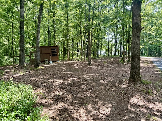 130 Jordan Ln, Hohenwald, TN 38462 - view of yard with an outbuilding, a storage unit, and a forest view