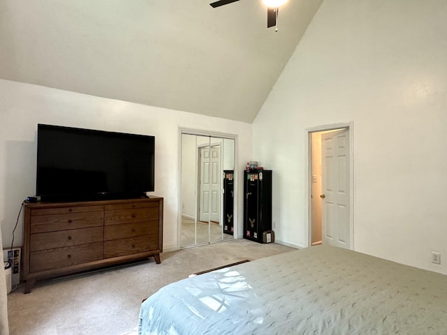 130 Jordan Ln, Hohenwald, TN 38462 - bedroom featuring carpet, high vaulted ceiling, a ceiling fan, and a closet