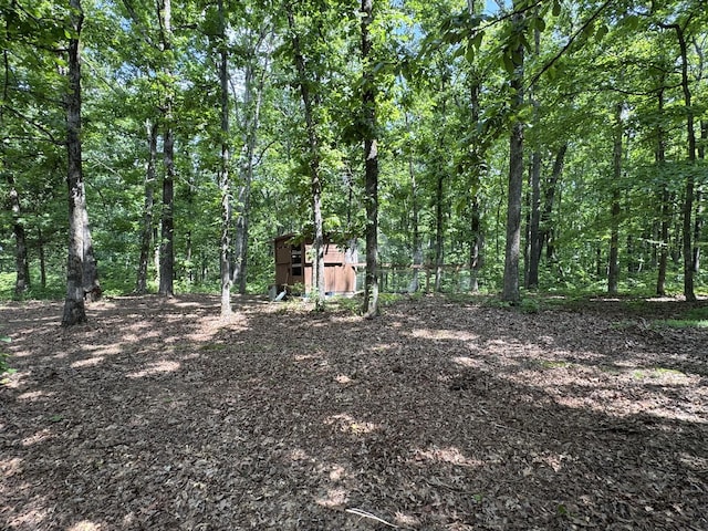 130 Jordan Ln, Hohenwald, TN 38462 - view of yard with a shed, an outbuilding, and a view of trees