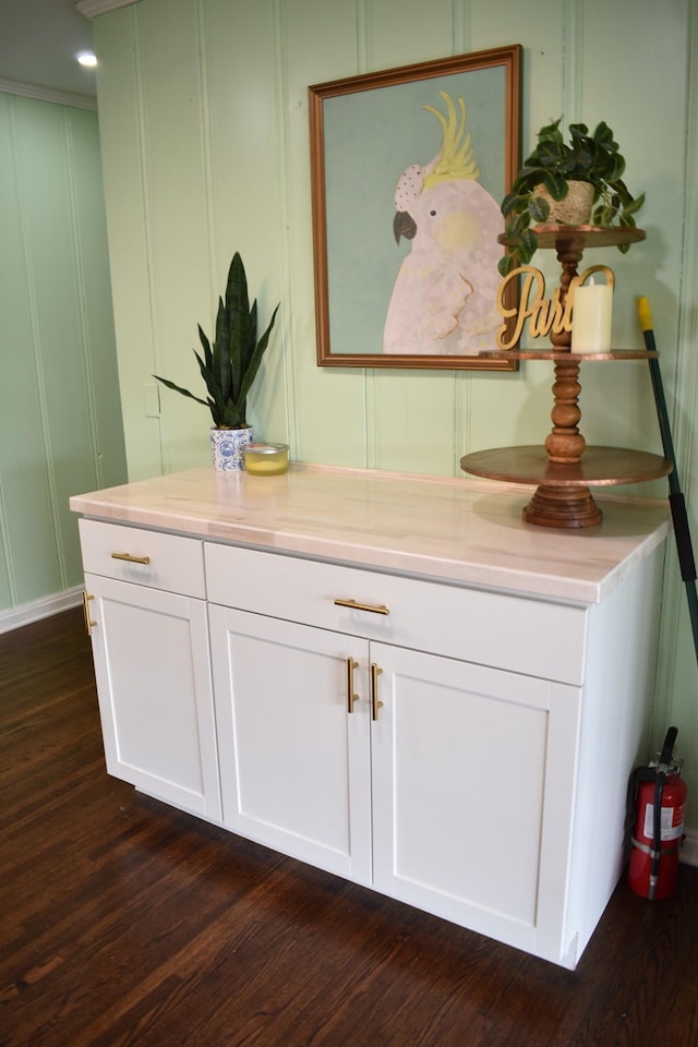 detailed view of a decorative wall, a fire extinguisher, and wood finished floors