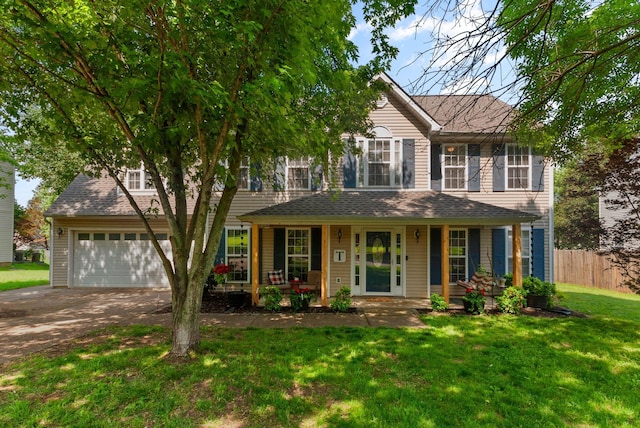 colonial-style house featuring concrete driveway, a porch, and an attached garage