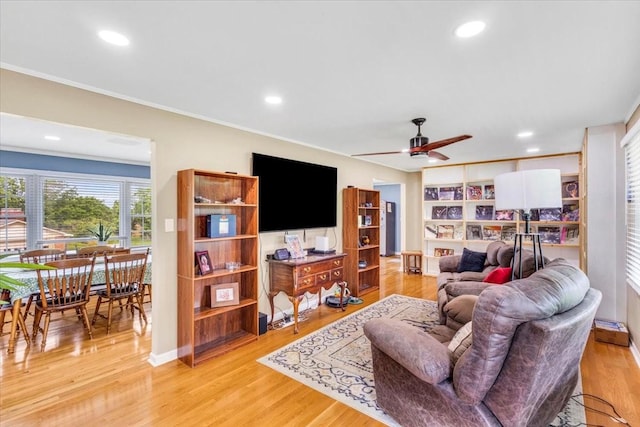 505 Kindel Dr, Decherd, TN 37324 - living room with ceiling fan, light wood-style floors, recessed lighting, and crown molding