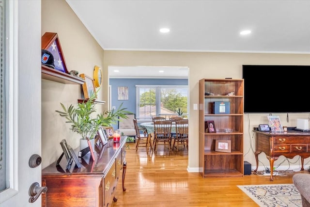 505 Kindel Dr, Decherd, TN 37324 - living room featuring light wood-style flooring, ornamental molding, and recessed lighting