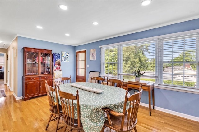 505 Kindel Dr, Decherd, TN 37324 - dining area featuring light wood finished floors, baseboards, recessed lighting, and crown molding