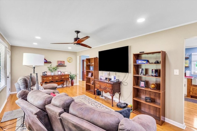 505 Kindel Dr, Decherd, TN 37324 - living room featuring light wood finished floors, ceiling fan, healthy amount of natural light, baseboards, and recessed lighting