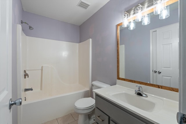 bathroom with toilet, tile patterned floors, tub / shower combination, and vanity