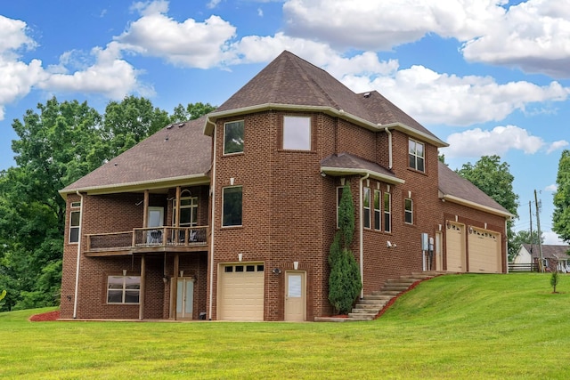 291 Bowling Branch Rd, Cottontown, TN 37048 - back of house with brick siding, a yard, a shingled roof, and stairway