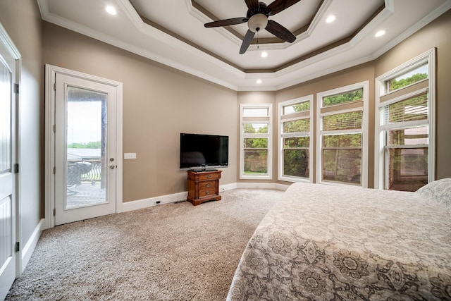 291 Bowling Branch Rd, Cottontown, TN 37048 - carpeted bedroom featuring access to outside, ornamental molding, a raised ceiling, baseboards, and recessed lighting