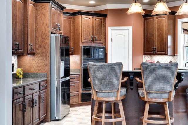 291 Bowling Branch Rd, Cottontown, TN 37048 - kitchen with black appliances, ornamental molding, backsplash, hanging light fixtures, and recessed lighting
