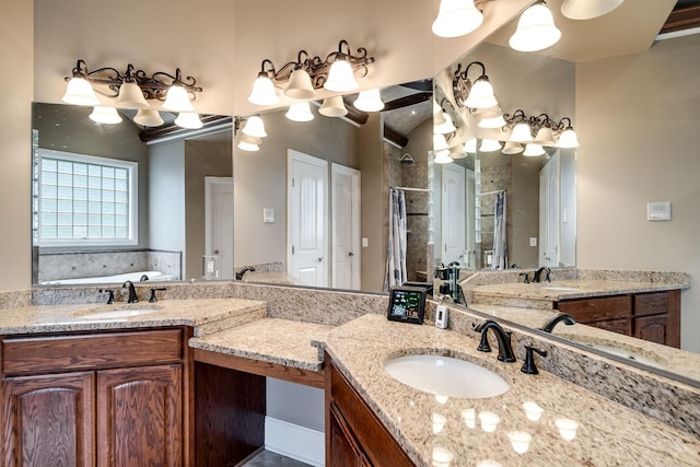 291 Bowling Branch Rd, Cottontown, TN 37048 - full bathroom with a shower stall, double vanity, a bath, and a chandelier