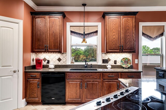 291 Bowling Branch Rd, Cottontown, TN 37048 - kitchen with dishwasher, a sink, decorative light fixtures, backsplash, and crown molding
