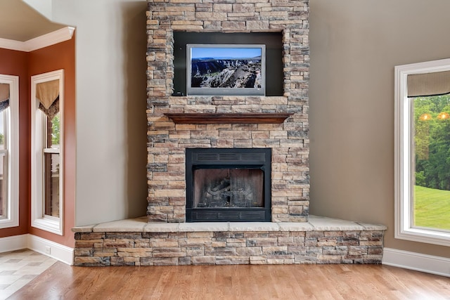 291 Bowling Branch Rd, Cottontown, TN 37048 - detailed view of baseboards, wood finished floors, a fireplace with raised hearth, and ornamental molding