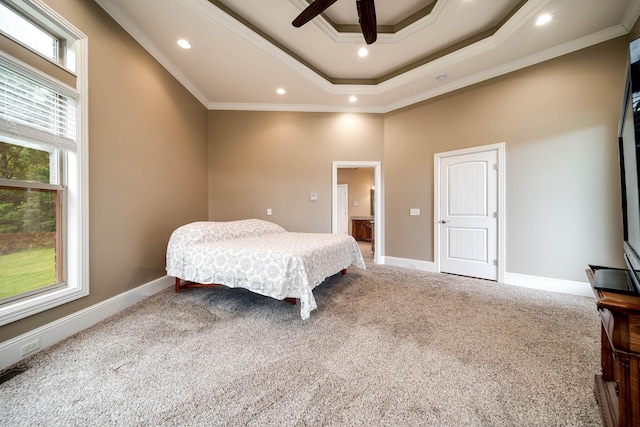 291 Bowling Branch Rd, Cottontown, TN 37048 - carpeted bedroom with ornamental molding, baseboards, recessed lighting, a tray ceiling, and a ceiling fan