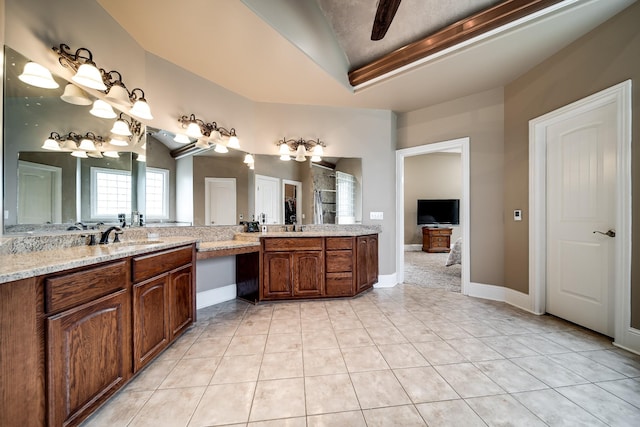 291 Bowling Branch Rd, Cottontown, TN 37048 - full bathroom with double vanity, tile patterned flooring, lofted ceiling, a shower, and a tray ceiling