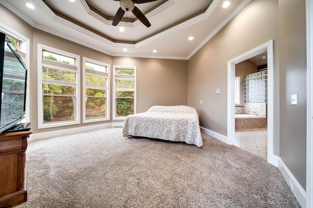 291 Bowling Branch Rd, Cottontown, TN 37048 - carpeted bedroom featuring ornamental molding, recessed lighting, baseboards, ensuite bath, and a tray ceiling