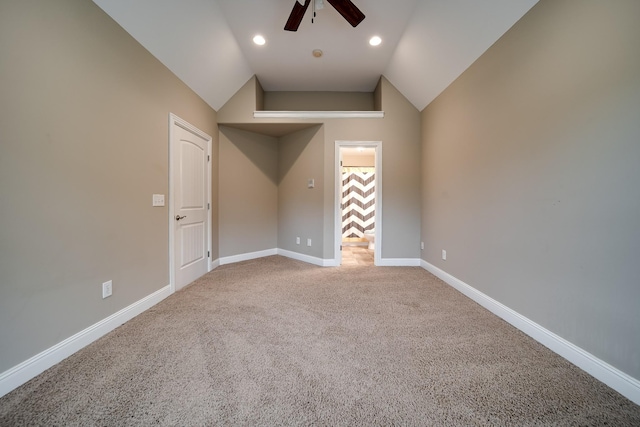 291 Bowling Branch Rd, Cottontown, TN 37048 - empty room featuring ceiling fan, baseboards, vaulted ceiling, carpet floors, and recessed lighting