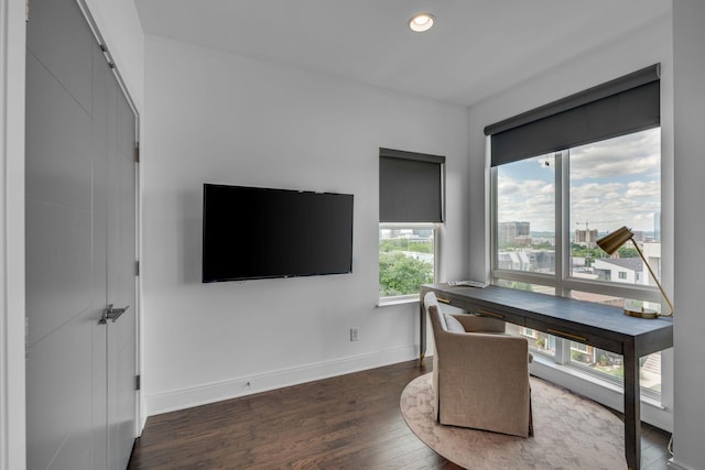 office space with wood finished floors, baseboards, and recessed lighting