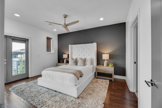 bedroom featuring dark wood-style flooring, baseboards, recessed lighting, access to outside, and ceiling fan