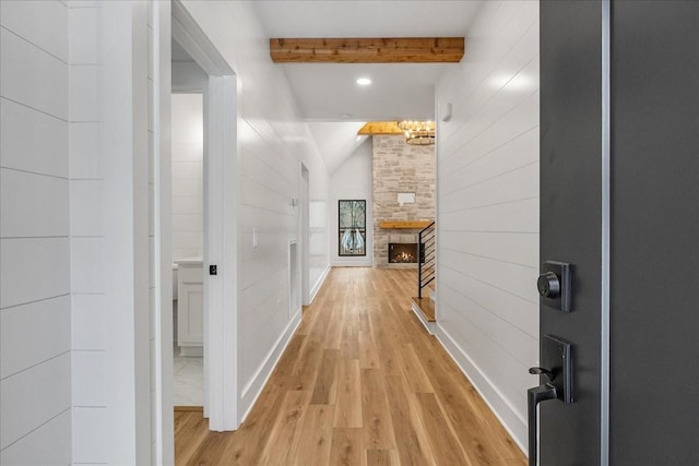 113 Lake Crest Ln, Tullahoma, TN 37388 - corridor with light wood-style flooring, recessed lighting, and wood walls