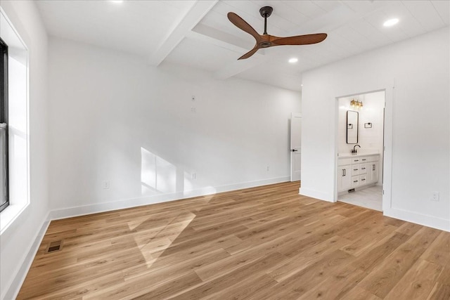 113 Lake Crest Ln, Tullahoma, TN 37388 - unfurnished bedroom featuring light wood finished floors, recessed lighting, baseboards, beamed ceiling, and ensuite bath