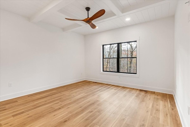 113 Lake Crest Ln, Tullahoma, TN 37388 - empty room featuring light wood finished floors, baseboards, beam ceiling, ceiling fan, and recessed lighting