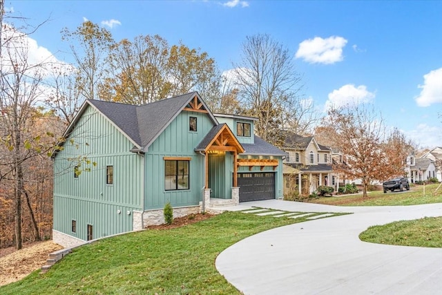 113 Lake Crest Ln, Tullahoma, TN 37388 - modern inspired farmhouse featuring concrete driveway, board and batten siding, a front yard, and roof with shingles