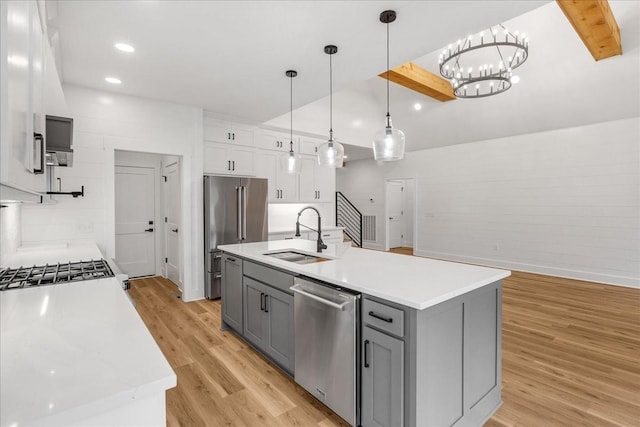 113 Lake Crest Ln, Tullahoma, TN 37388 - kitchen featuring appliances with stainless steel finishes, gray cabinetry, a sink, light countertops, and white cabinets