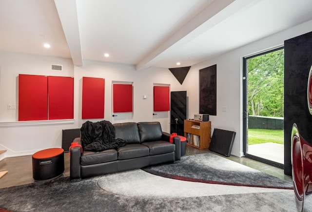 living area with beamed ceiling, recessed lighting, and baseboards