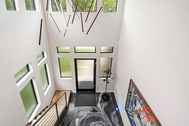 entryway featuring a towering ceiling and baseboards