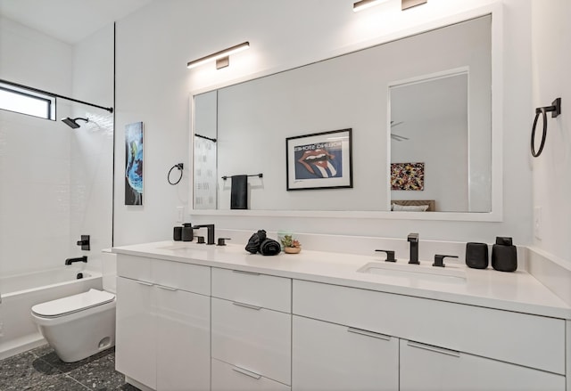full bathroom featuring toilet, double vanity, and shower / bath combo with shower curtain