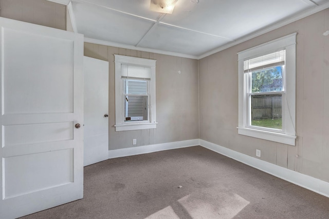 empty room with carpet floors, crown molding, and baseboards