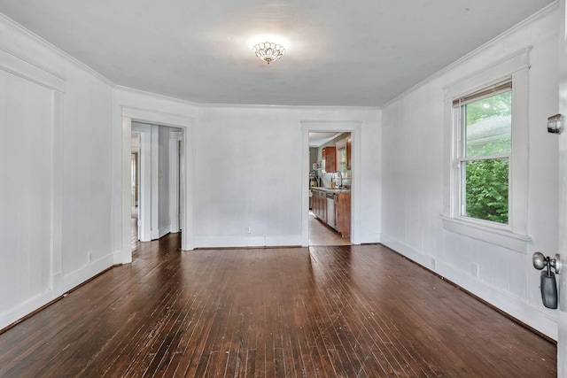 spare room featuring dark wood-style floors, crown molding, a sink, and baseboards