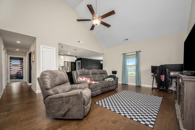 238 Spring Breeze Dr, Tullahoma, TN 37388 - living area with a ceiling fan, high vaulted ceiling, wood finished floors, baseboards, and a desk