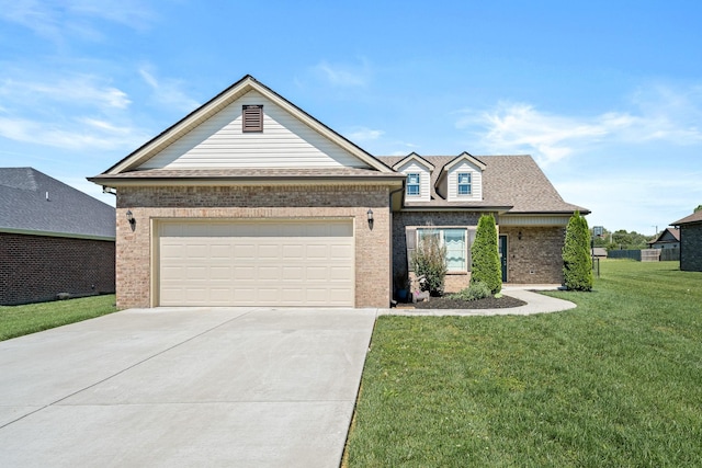 238 Spring Breeze Dr, Tullahoma, TN 37388 - traditional-style home with brick siding, concrete driveway, a front yard, a shingled roof, and an attached garage