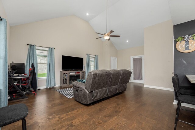 238 Spring Breeze Dr, Tullahoma, TN 37388 - living room with ceiling fan, high vaulted ceiling, wood finished floors, baseboards, and recessed lighting