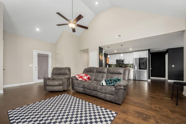 238 Spring Breeze Dr, Tullahoma, TN 37388 - living room featuring ceiling fan, dark wood finished floors, high vaulted ceiling, recessed lighting, and baseboards