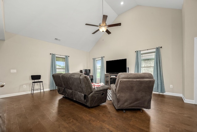 238 Spring Breeze Dr, Tullahoma, TN 37388 - living area with high vaulted ceiling, wood finished floors, ceiling fan, baseboards, and recessed lighting