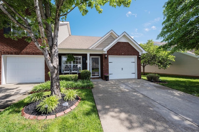 view of front of house featuring brick siding, driveway, a garage, a porch, and a shingled roof