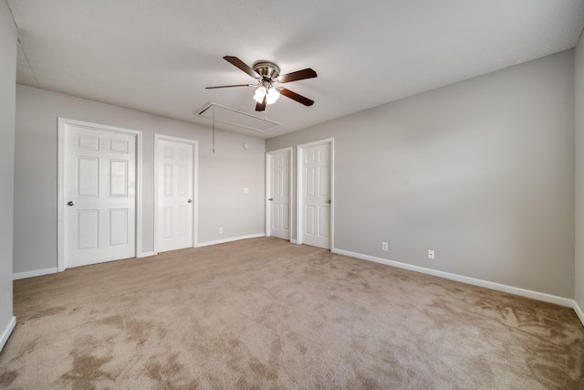 4838 Laura Jeanne Blvd, Murfreesboro, TN 37129 - unfurnished bedroom featuring attic access, carpet, baseboards, two closets, and ceiling fan
