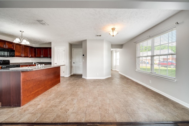 4838 Laura Jeanne Blvd, Murfreesboro, TN 37129 - kitchen featuring black appliances, a chandelier, baseboards, a textured ceiling, and hanging light fixtures