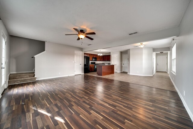 4838 Laura Jeanne Blvd, Murfreesboro, TN 37129 - unfurnished living room featuring ceiling fan, dark wood-type flooring, baseboards, and stairway