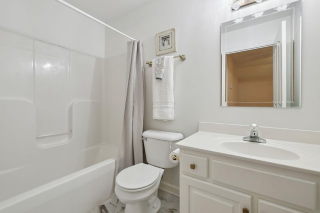 1403 Ottawa Pl, Murfreesboro, TN 37129 - bathroom featuring toilet, baseboards, vanity, marble look tile flooring, and shower / bath combo with shower curtain