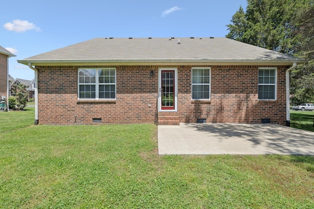 1403 Ottawa Pl, Murfreesboro, TN 37129 - rear view of property with a patio area, crawl space, a shingled roof, a yard, and brick siding