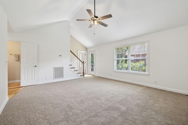 1403 Ottawa Pl, Murfreesboro, TN 37129 - unfurnished living room with stairway, carpet flooring, baseboards, a ceiling fan, and high vaulted ceiling