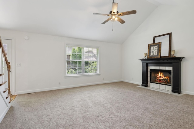 1403 Ottawa Pl, Murfreesboro, TN 37129 - unfurnished living room with a tile fireplace, carpet floors, baseboards, a ceiling fan, and high vaulted ceiling