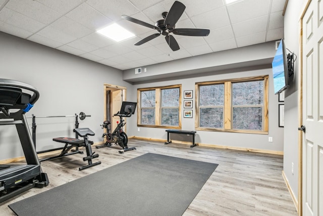 3560 Tyree Springs Rd, Hendersonville, TN 37075 - workout area with wood finished floors, baseboards, a paneled ceiling, and a ceiling fan