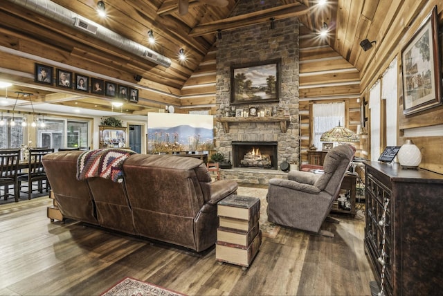 3560 Tyree Springs Rd, Hendersonville, TN 37075 - living room featuring wood ceiling, wood finished floors, high vaulted ceiling, a fireplace, and beam ceiling
