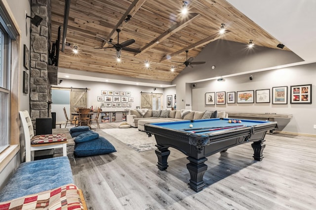 3560 Tyree Springs Rd, Hendersonville, TN 37075 - recreation room featuring a barn door, wooden ceiling, wood finished floors, high vaulted ceiling, and ceiling fan